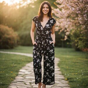 NWOT Sienna Sky Womens Black Floral Print Jumpsuit XS